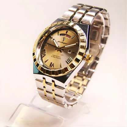 Luxury watch with gold and silver band on a white background