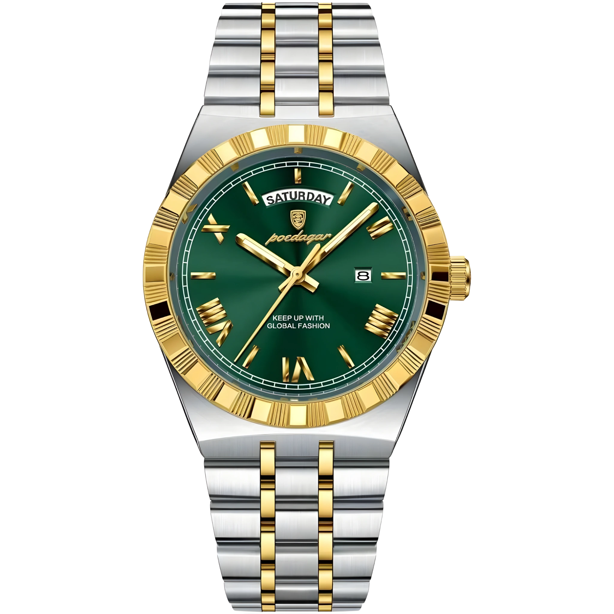 Breguet watch with green face, gold and silver band on white background