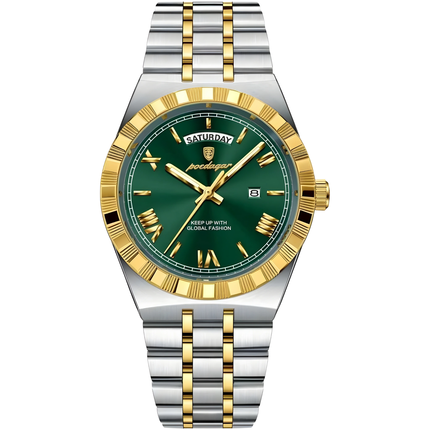 Breguet watch with green face, gold and silver band on white background