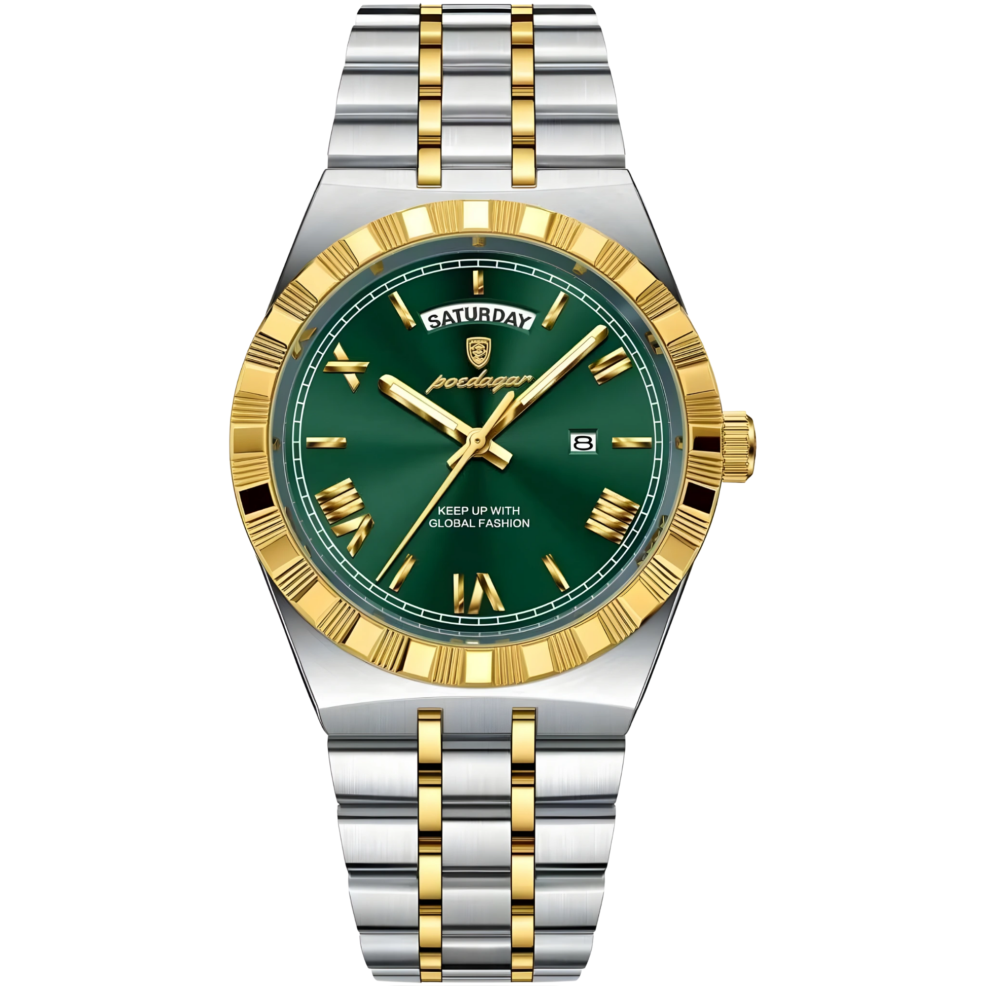 Breguet watch with green face, gold and silver band on white background