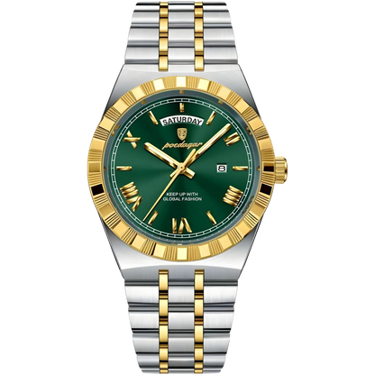 Breguet watch with green face, gold and silver band on white background