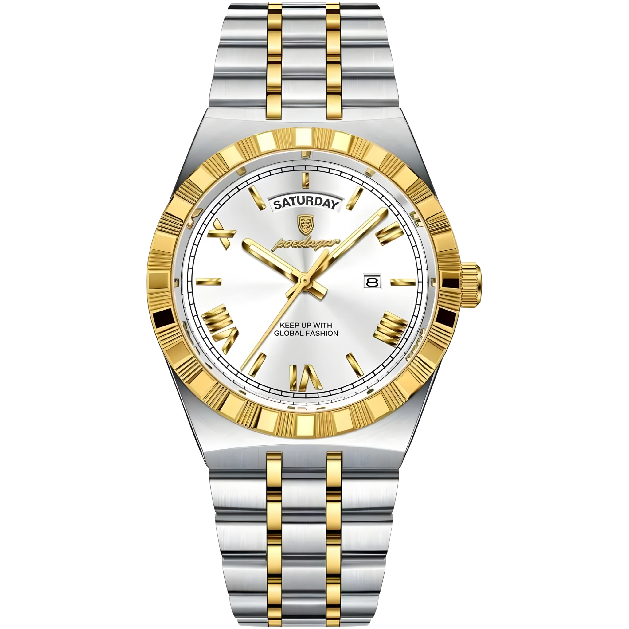Two-tone silver and gold watch with a white face on a white background