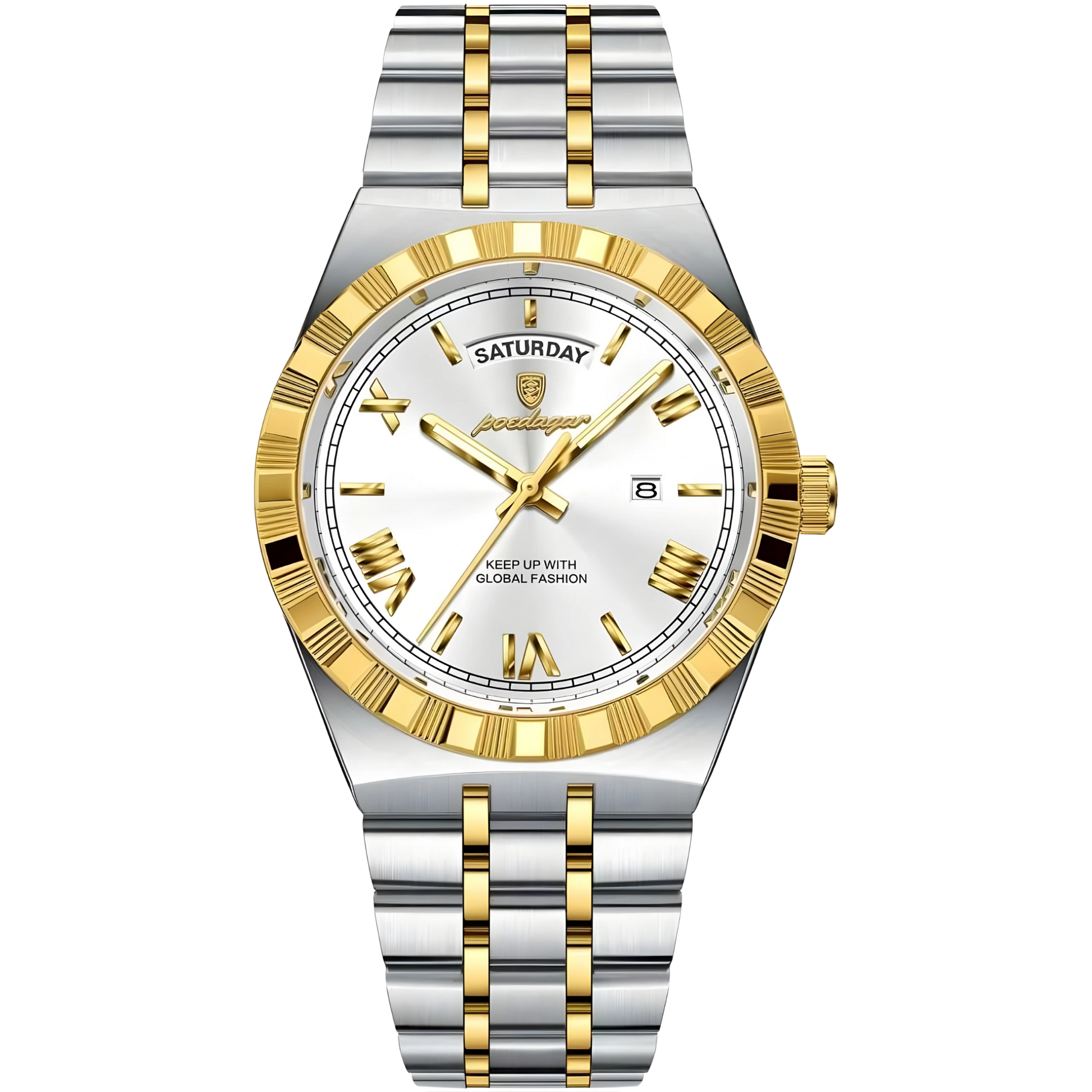 Two-tone silver and gold watch with a white face on a white background