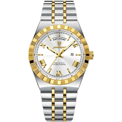 Two-tone silver and gold watch with a white face on a white background