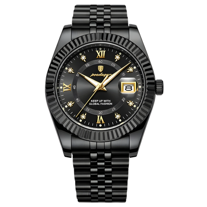 Black wristwatch with gold accents on a white background