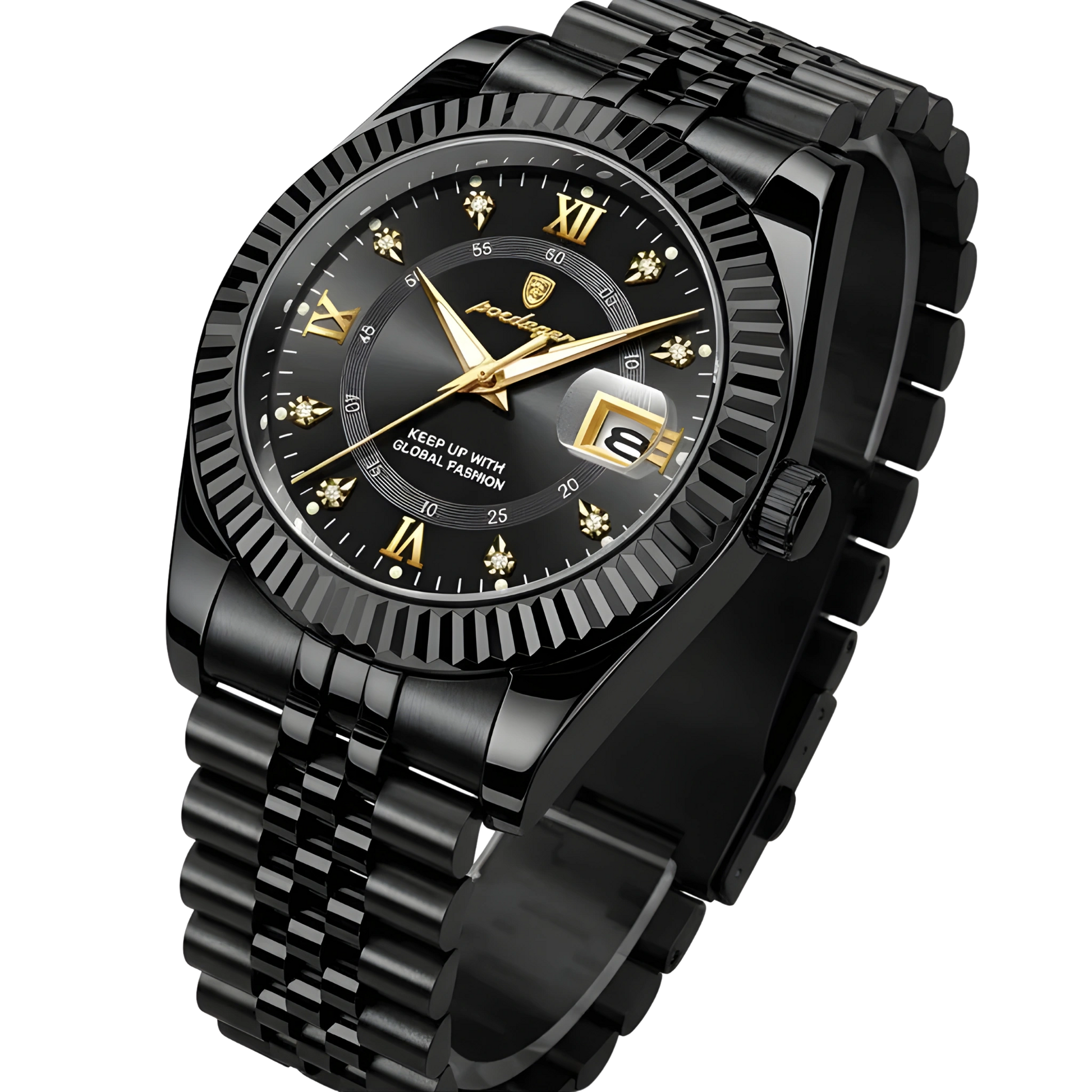 Black wristwatch with detailed face and brand logo on a white background
