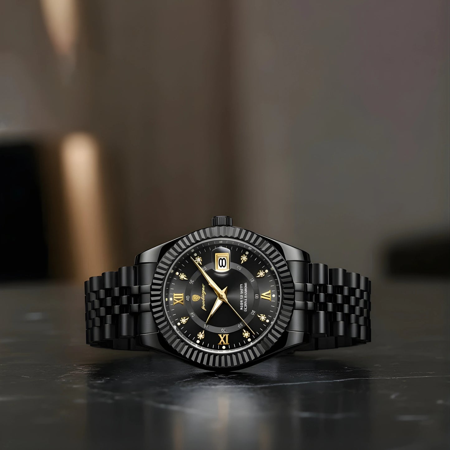 Black wristwatch with detailed face on a reflective surface