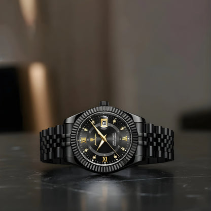 Black wristwatch with detailed face on a reflective surface