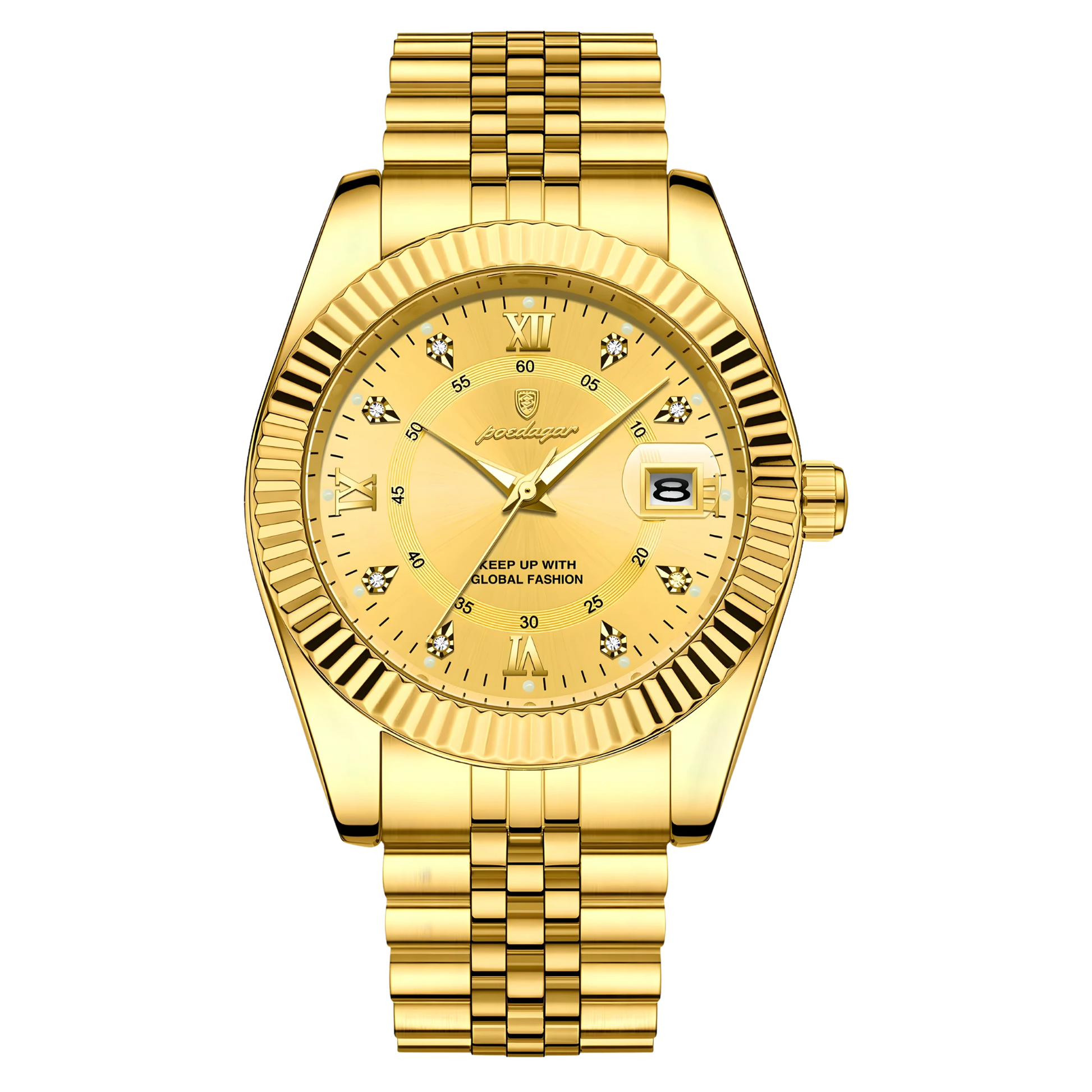 Gold wristwatch with a detailed face on a white background