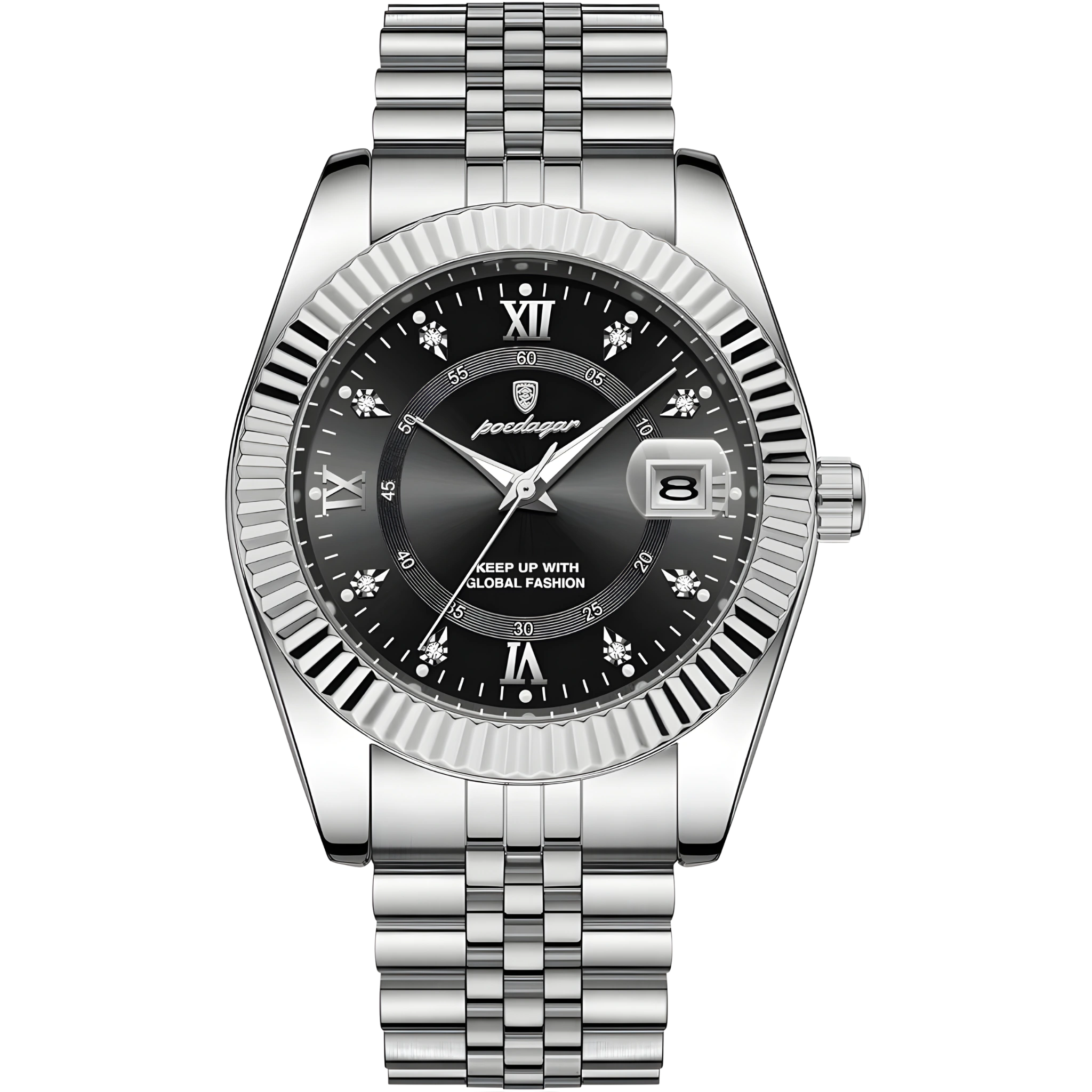 Silver watch with black dial on a white background