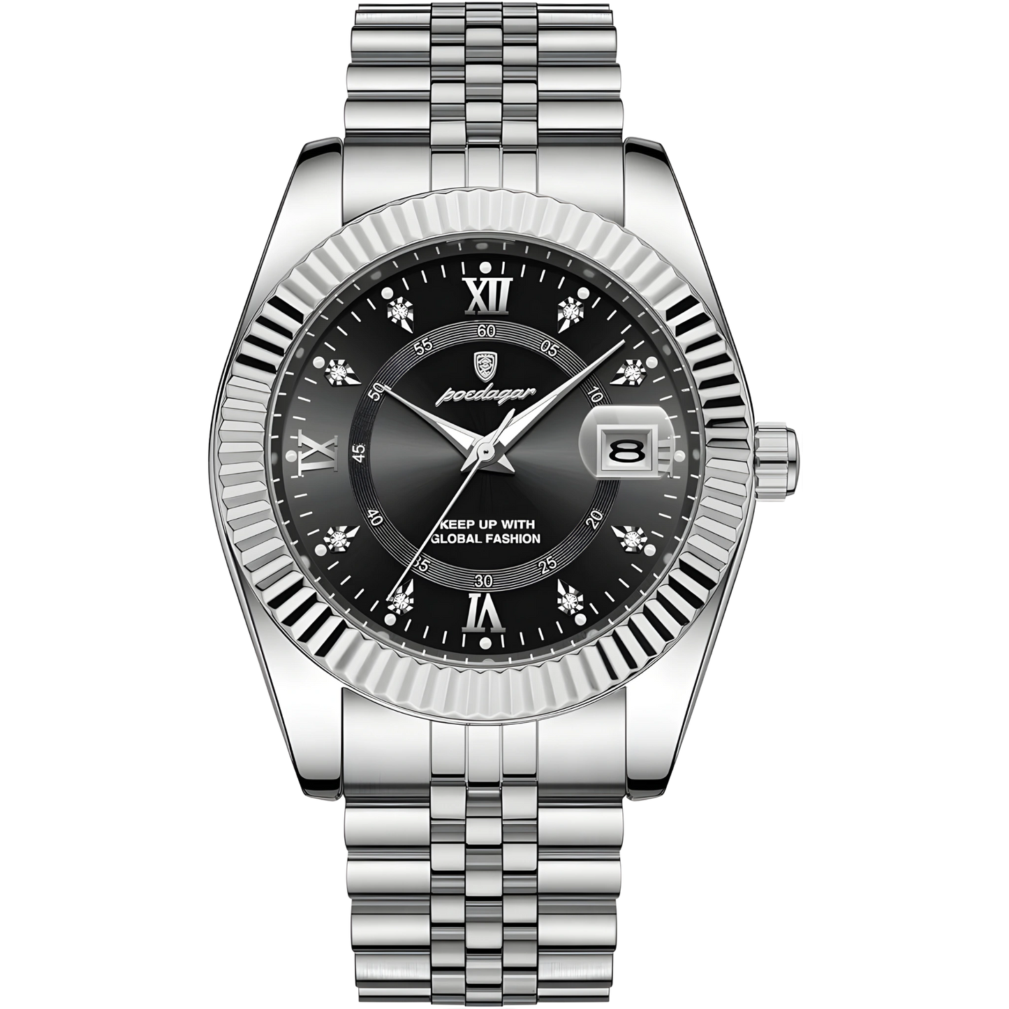 Silver watch with black dial on a white background