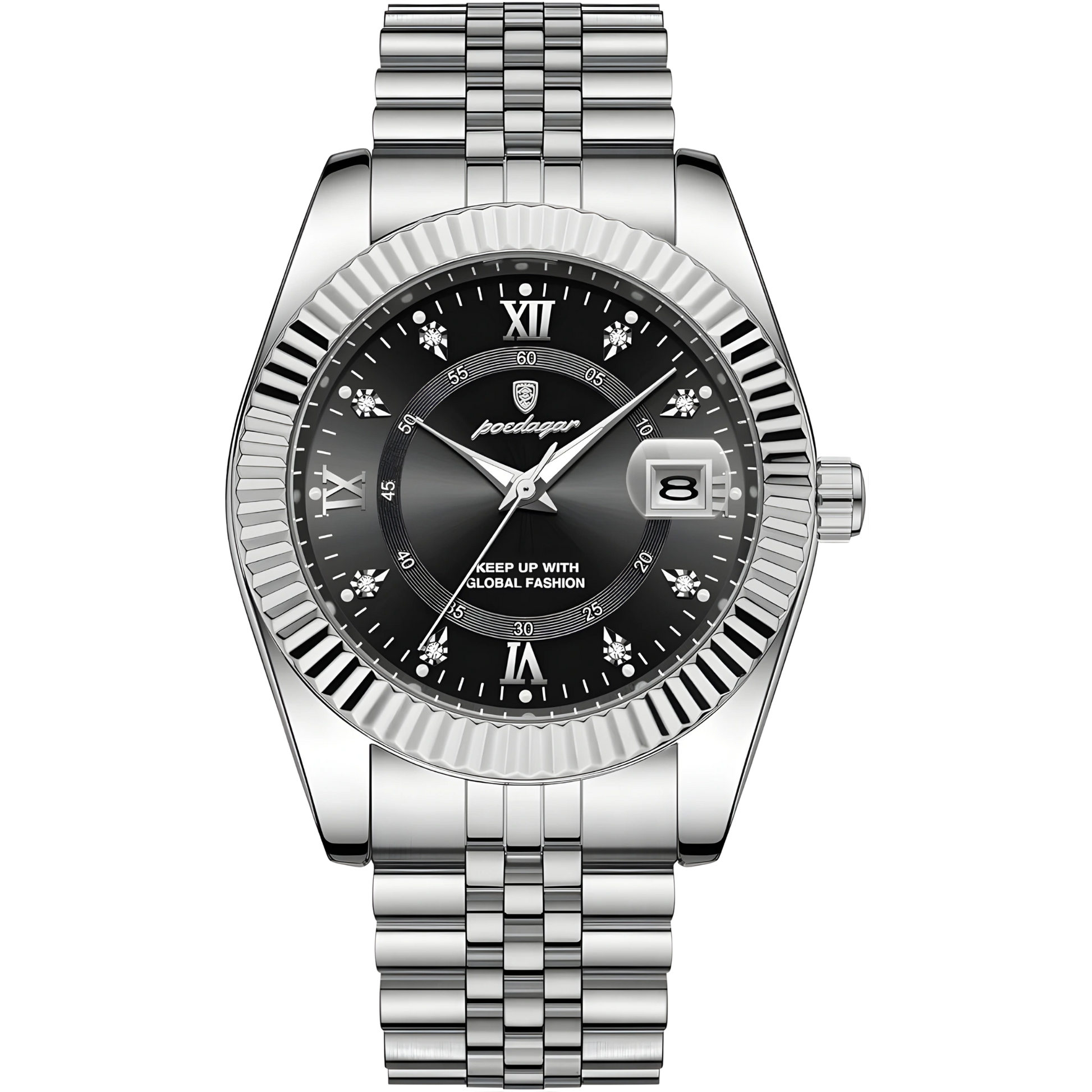 Silver watch with black dial on a white background