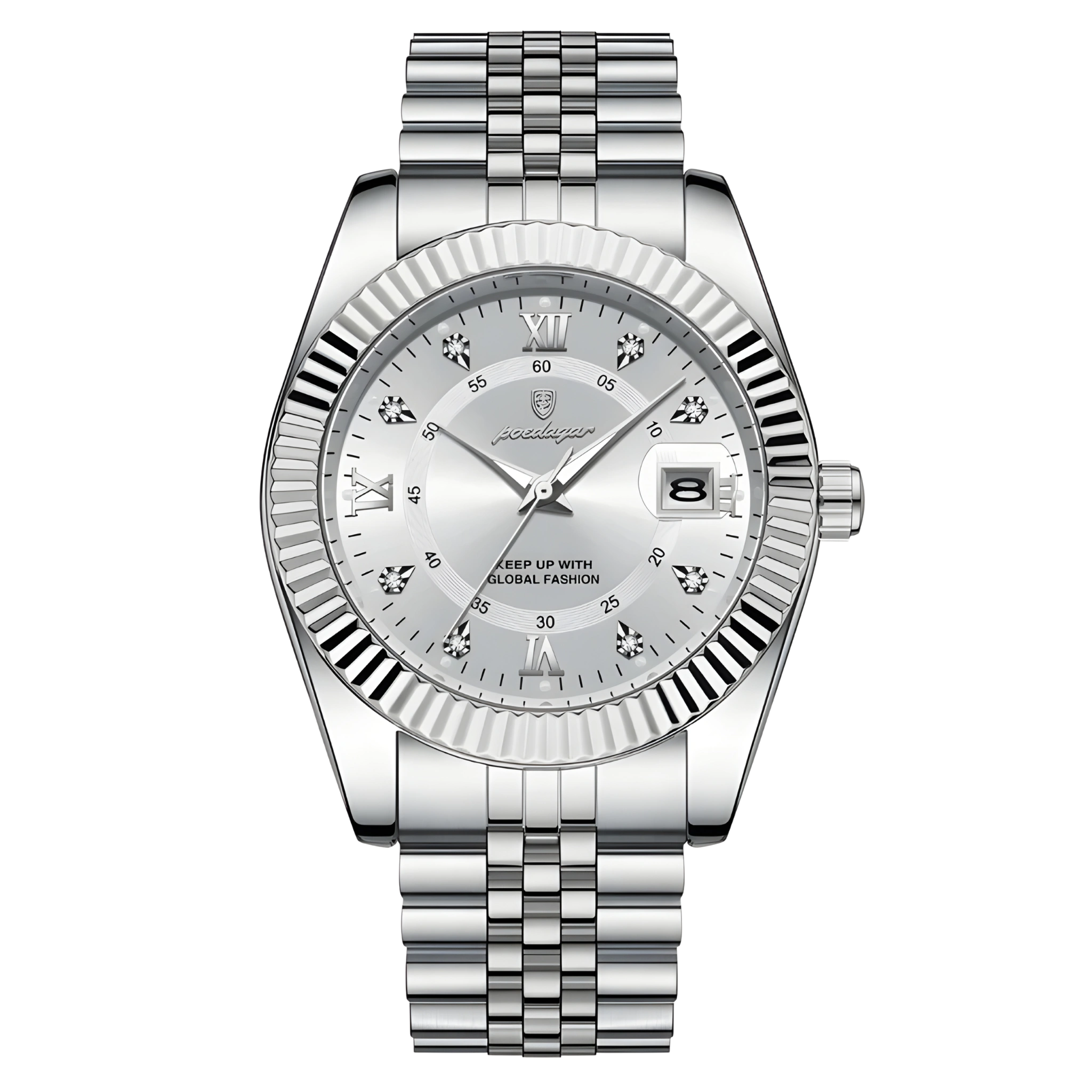 Silver watch with a detailed face on a white background
