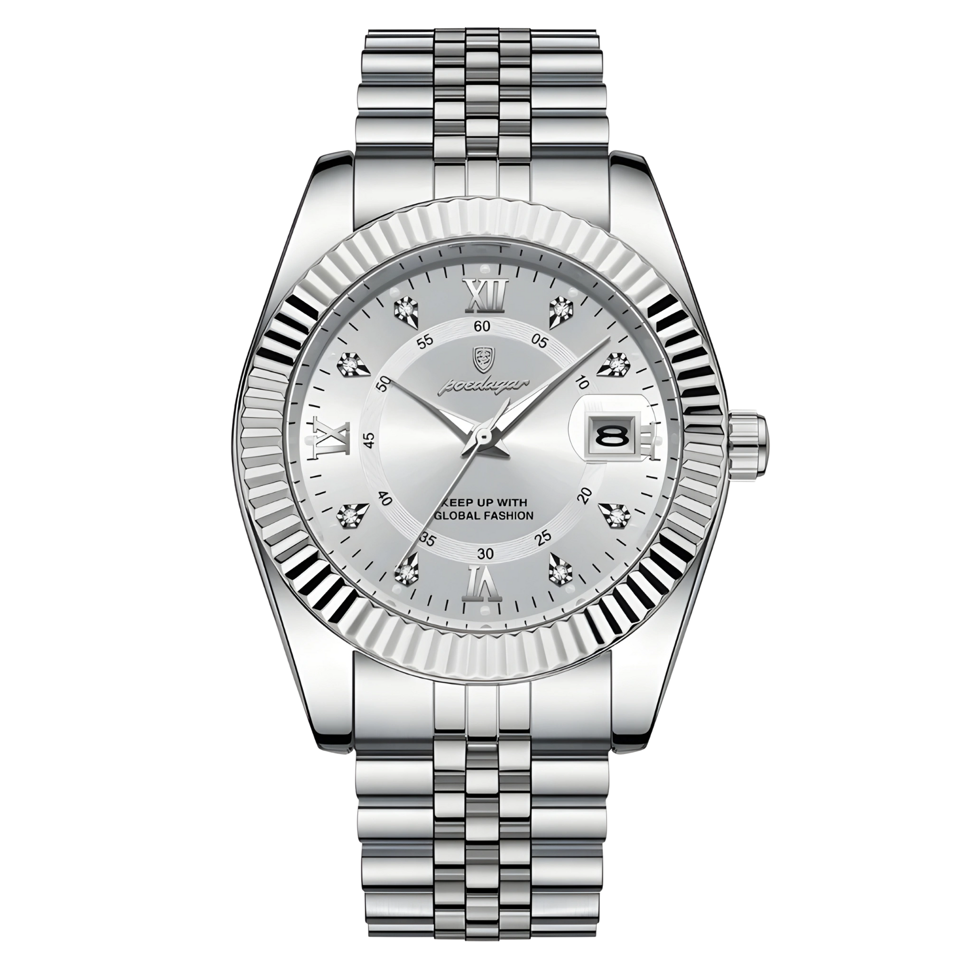 Silver watch with a detailed face on a white background
