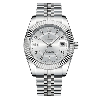 Silver watch with a detailed face on a white background