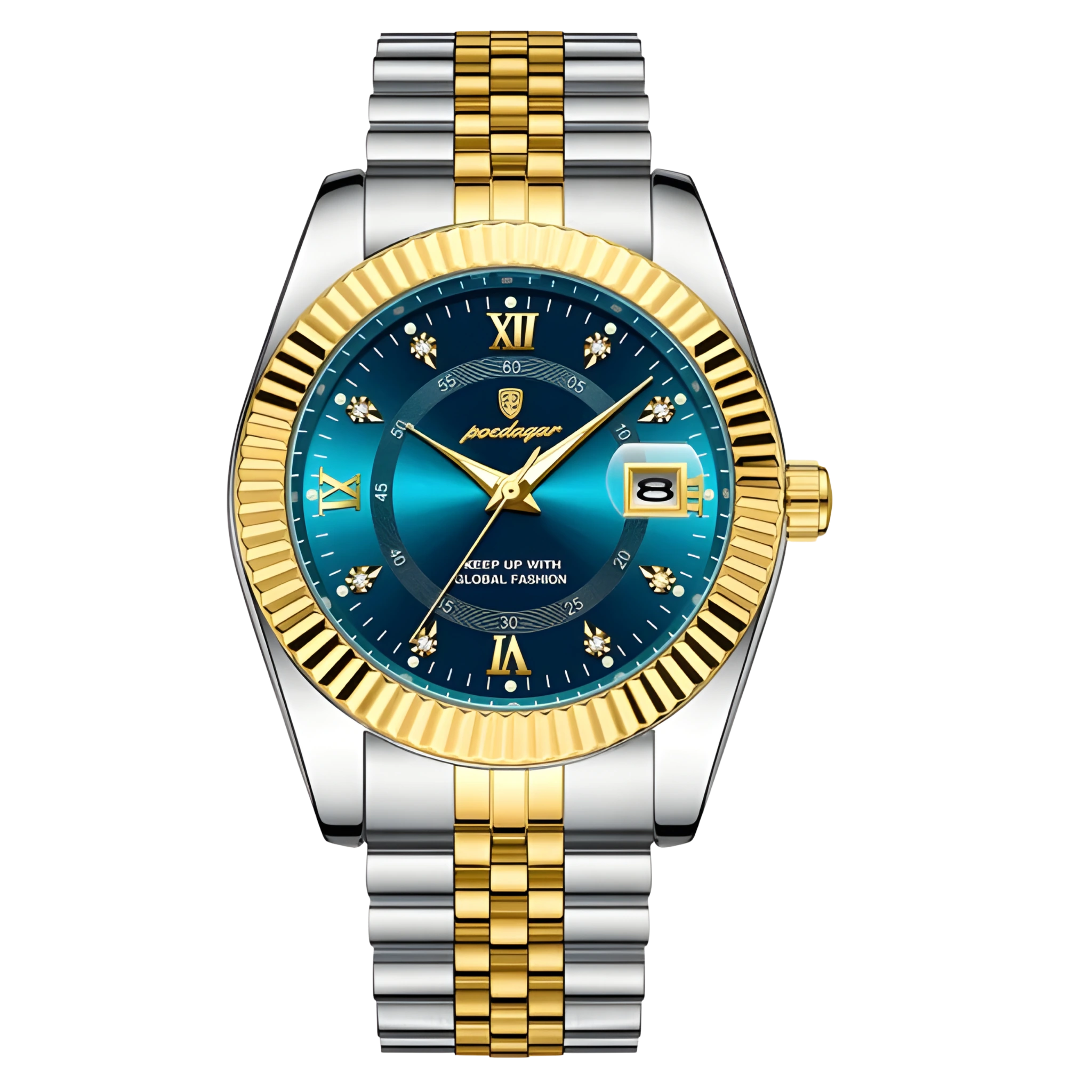 Luxury watch with blue face, gold and silver band on white background