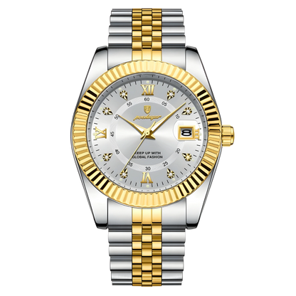 Two-tone silver and gold watch with a white dial on a white background