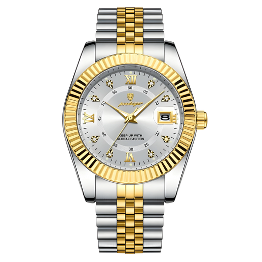 Two-tone silver and gold watch with a white dial on a white background