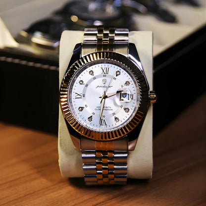 Luxury watch with a silver and gold band on a wooden surface