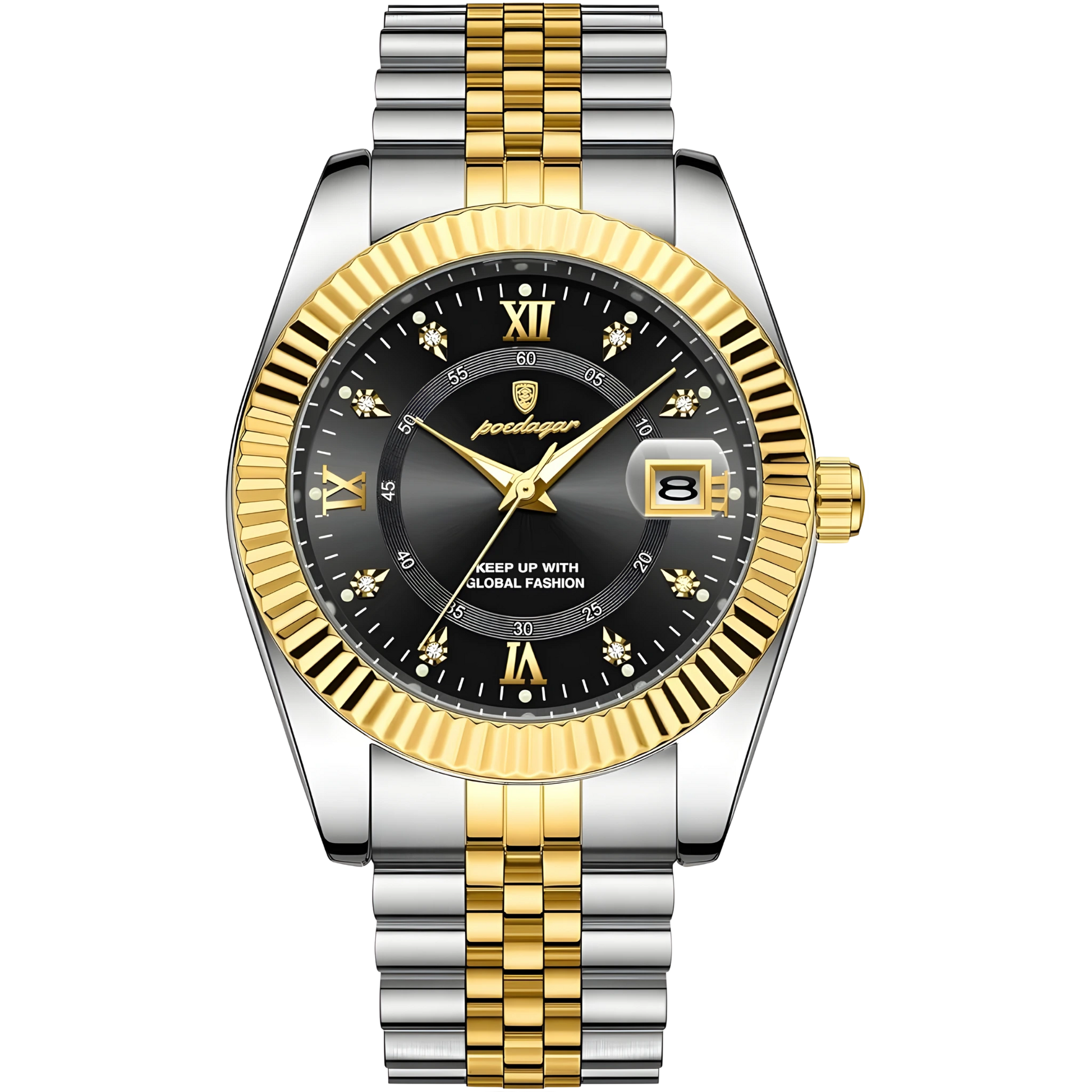 Luxury watch with gold and silver band on a white background