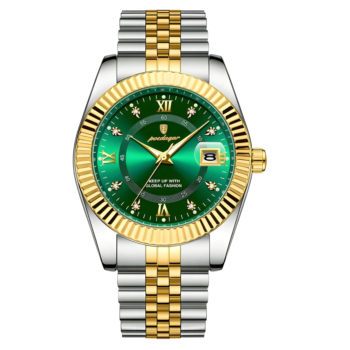 Luxury watch with green face and gold and silver band on white background