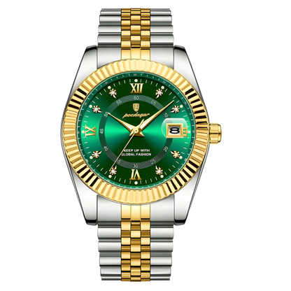 Luxury watch with green face and gold and silver band on white background