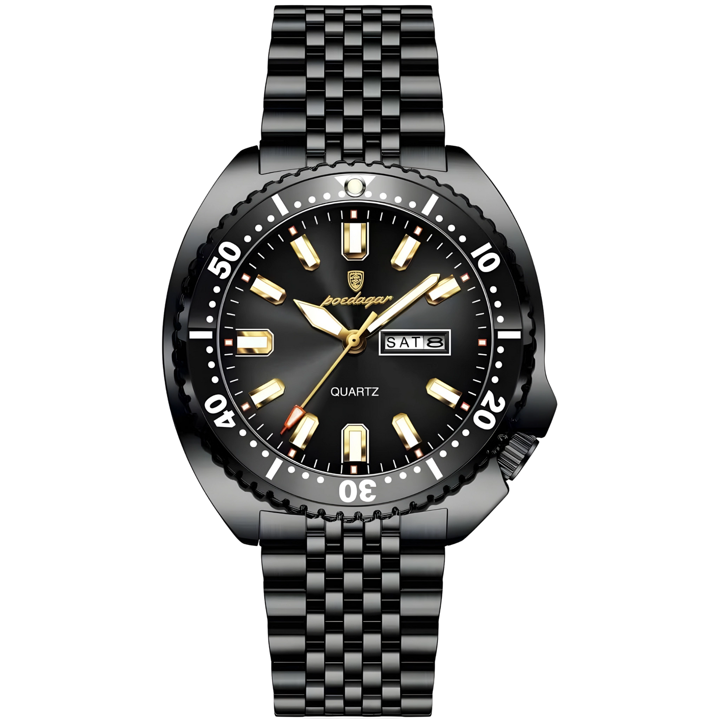 Black wristwatch with a detailed face on a white background
