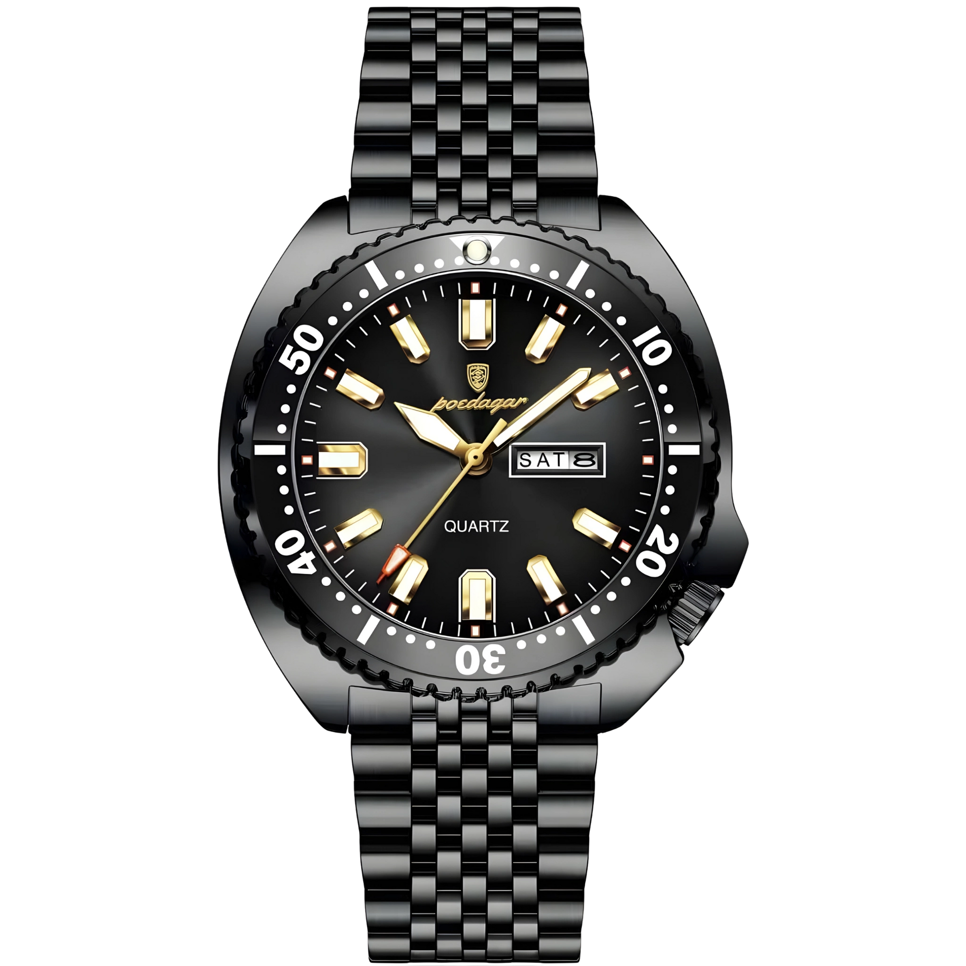 Black wristwatch with a detailed face on a white background