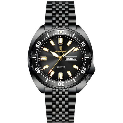 Black wristwatch with a detailed face on a white background