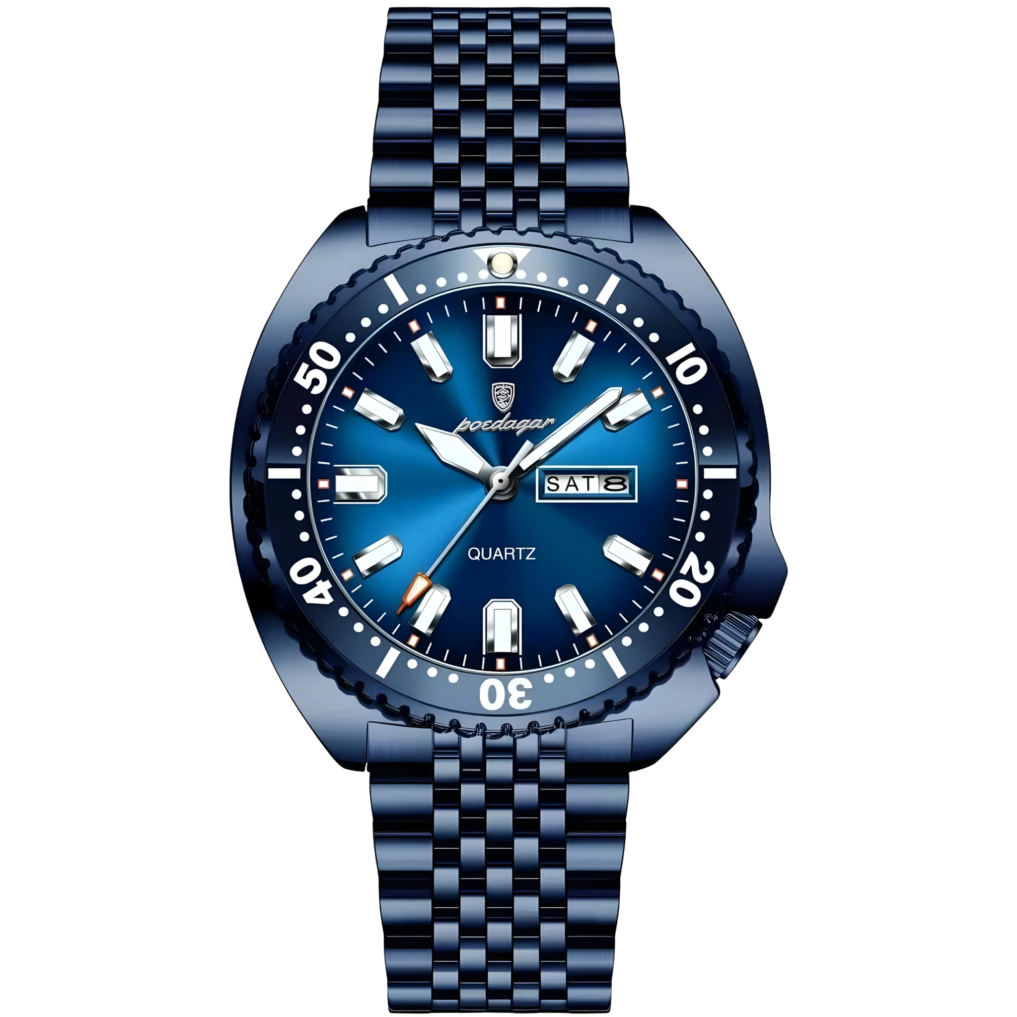 Blue watch with a metallic strap on a white background