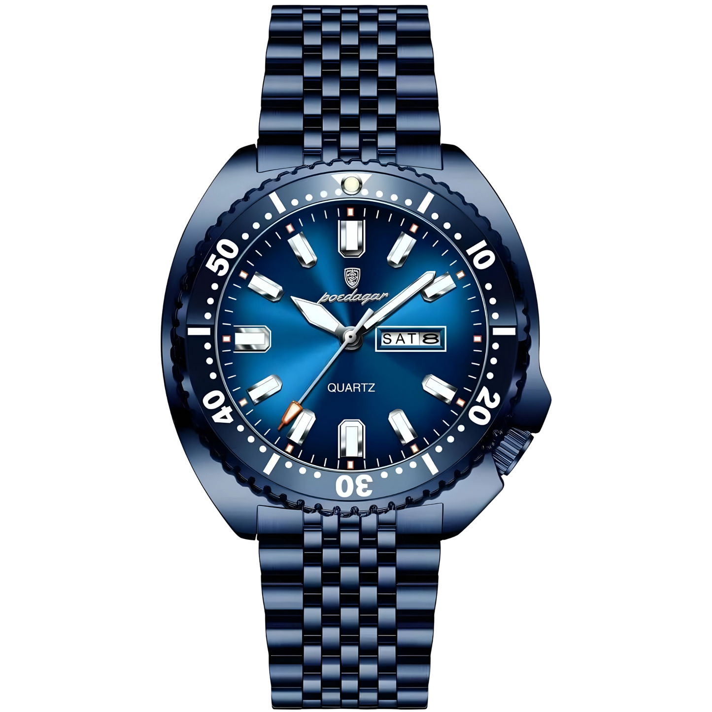 Blue watch with a metallic strap on a white background
