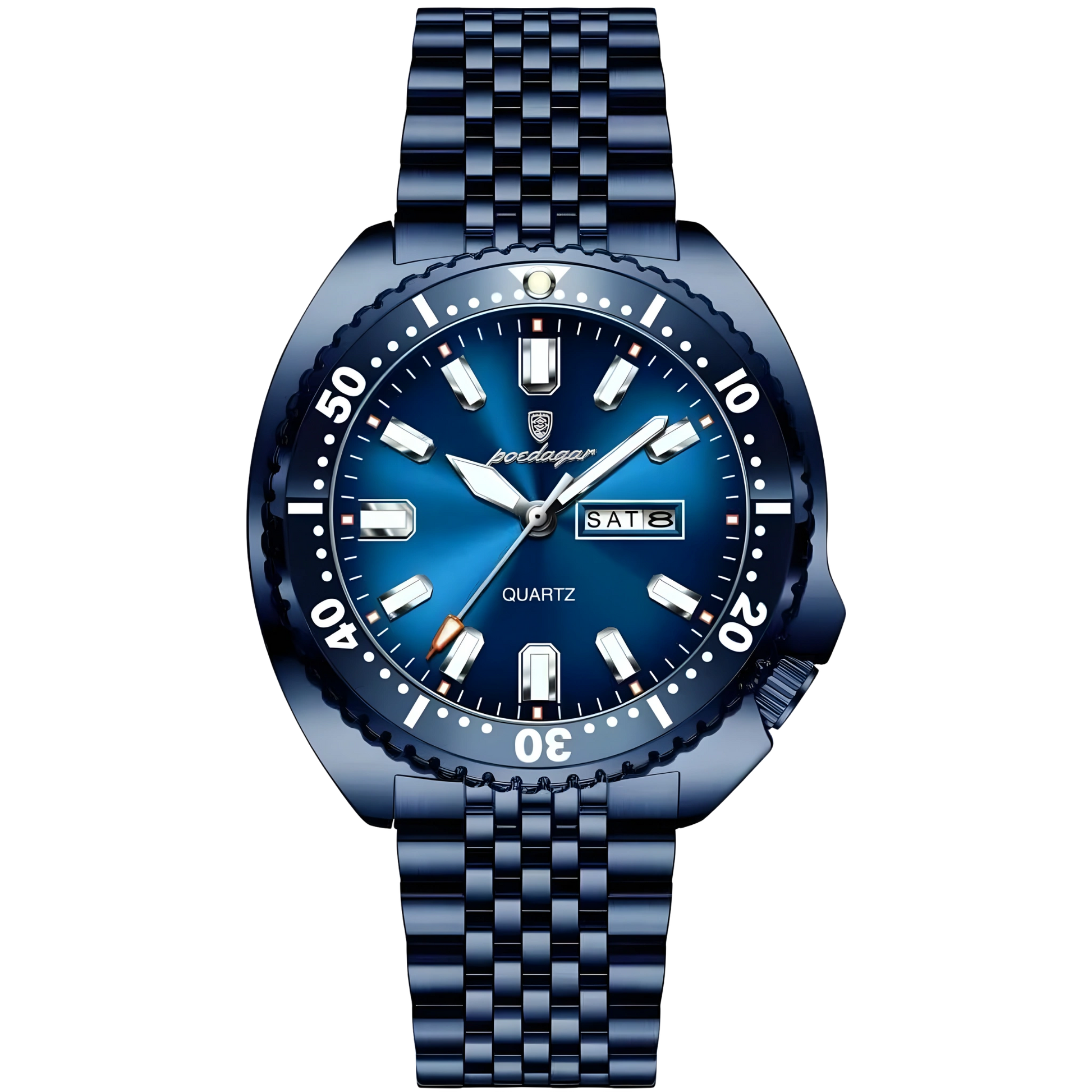 Blue watch with a metallic strap on a white background