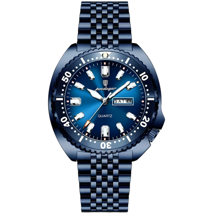 Blue watch with a metallic strap on a white background