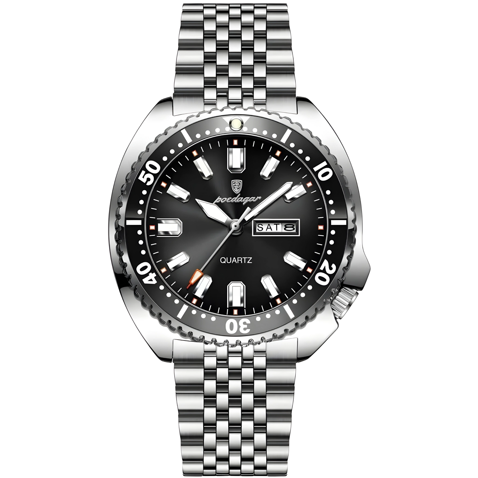 Silver watch with black dial on a white background