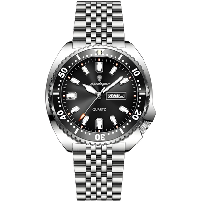 Silver watch with black dial on a white background