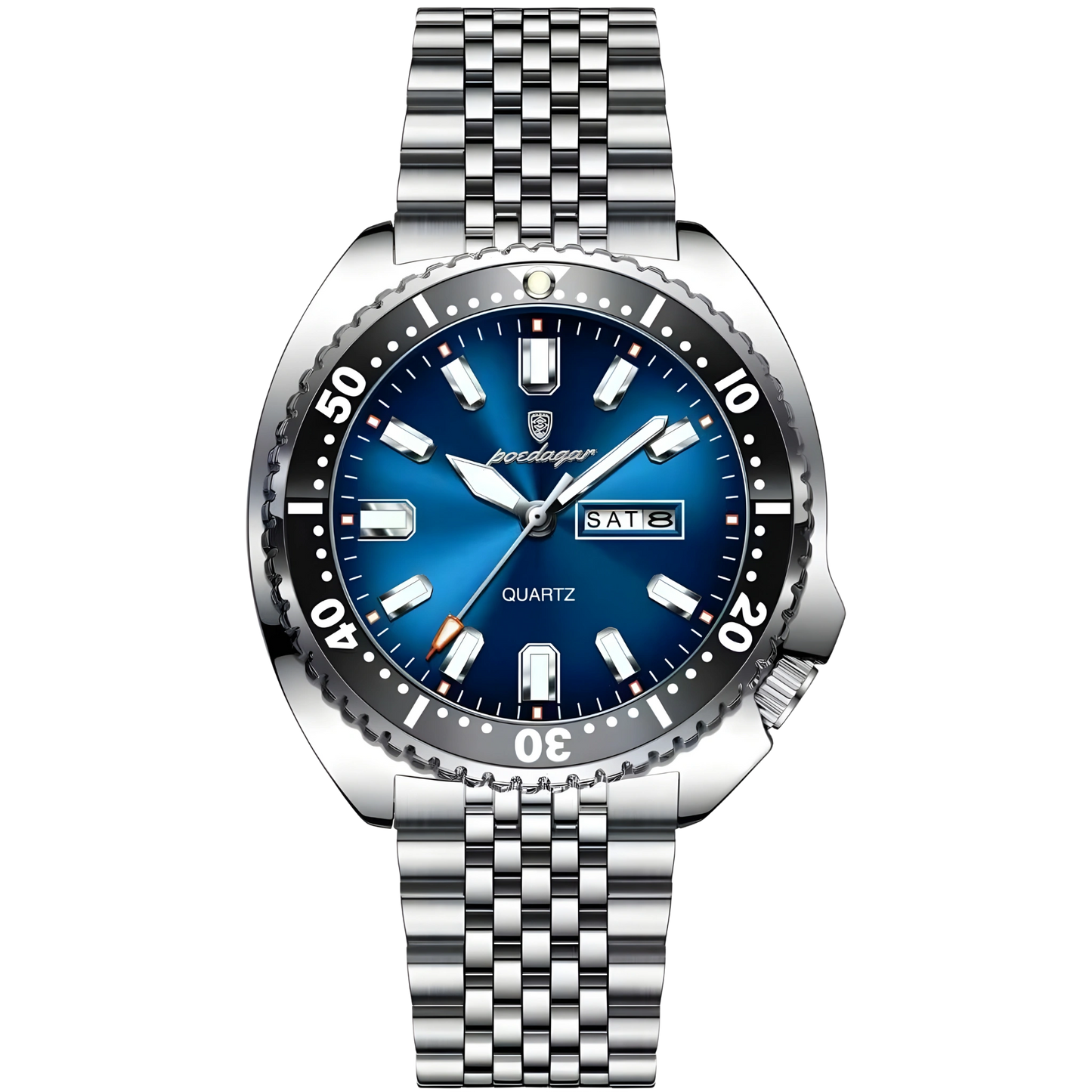 Silver watch with a blue face on a white background