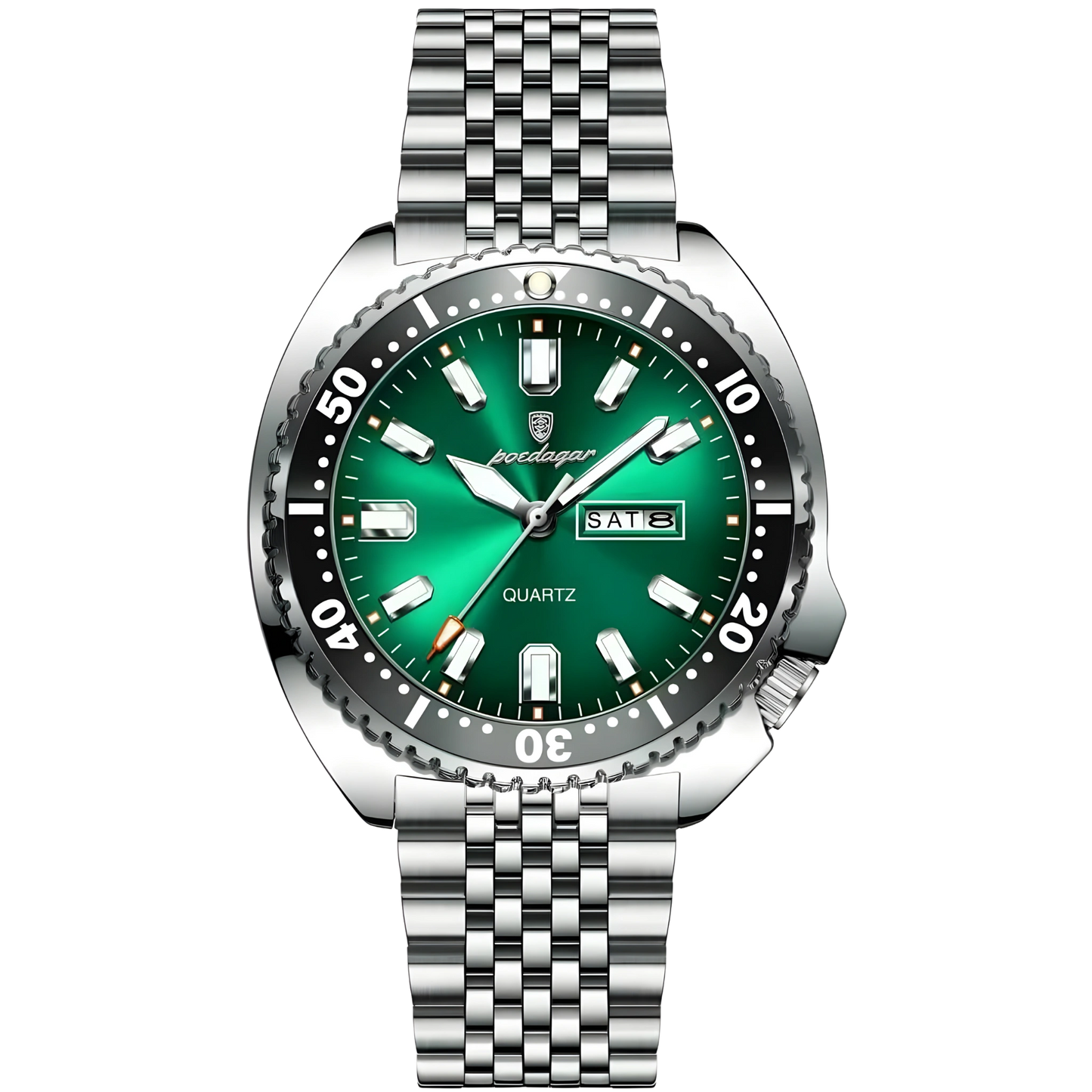 Watch with green dial and silver metal bracelet on white background