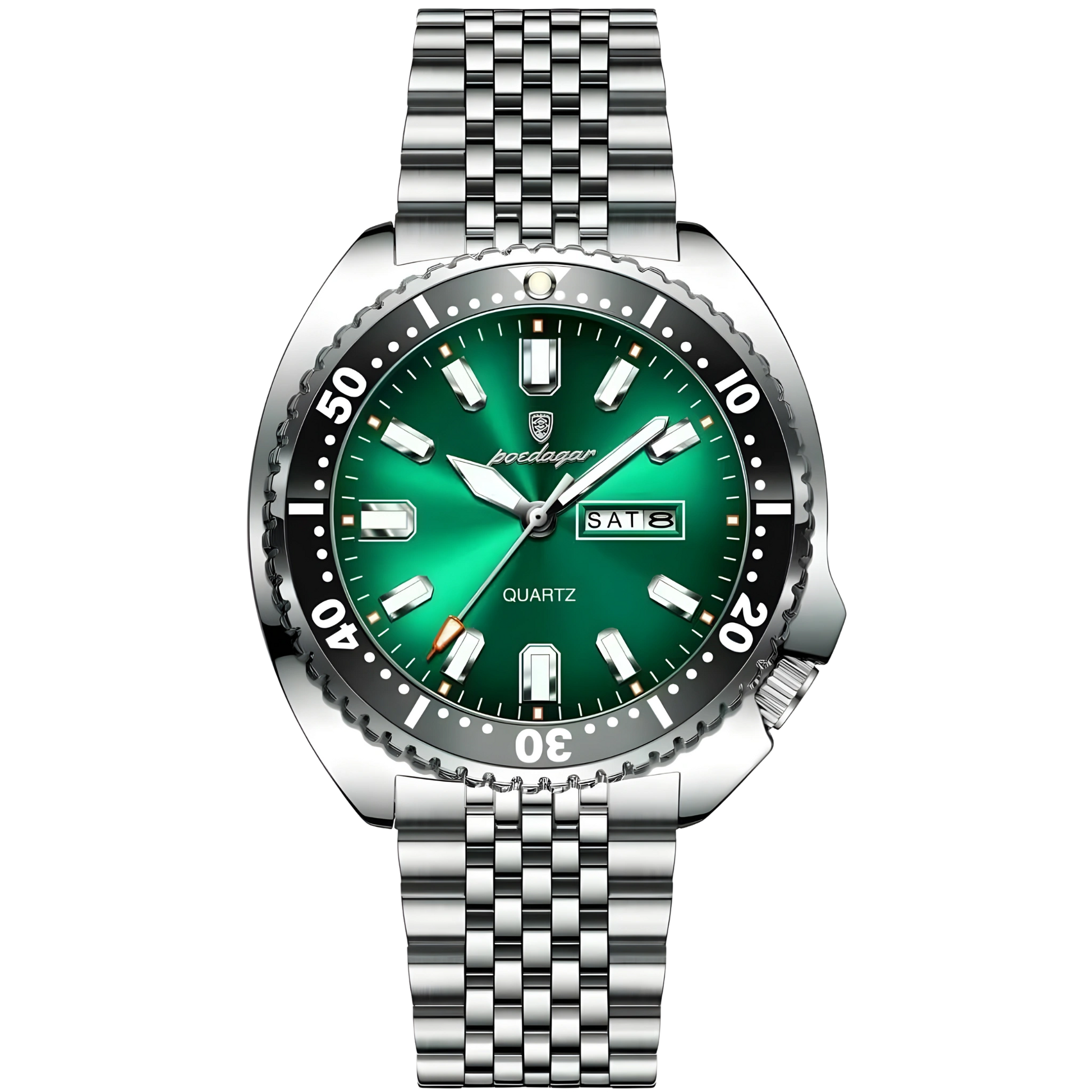 Watch with green dial and silver metal bracelet on white background
