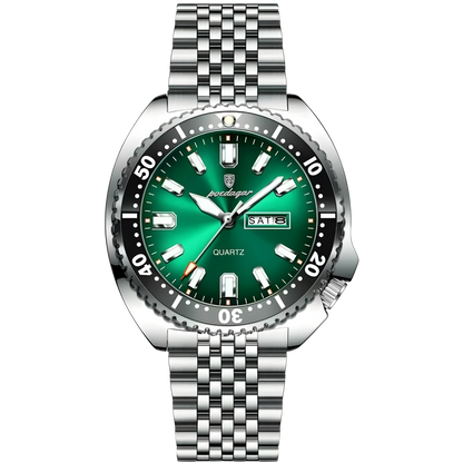 Watch with green dial and silver metal bracelet on white background