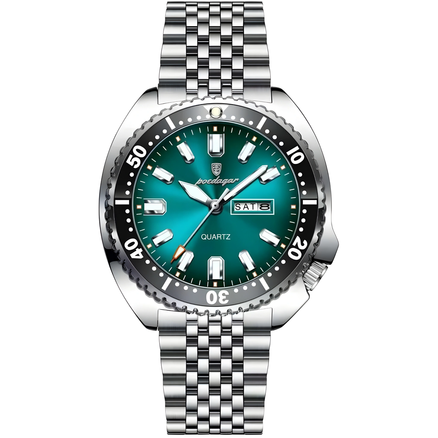 Wristwatch with green dial and silver metal strap on a white background