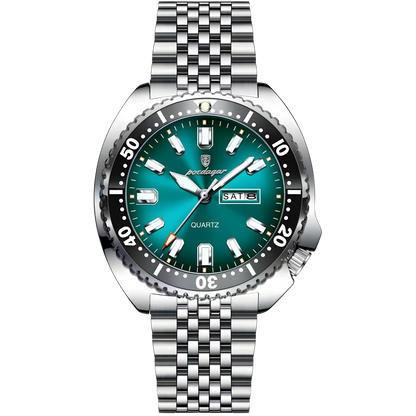 Wristwatch with green dial and silver metal strap on a white background
