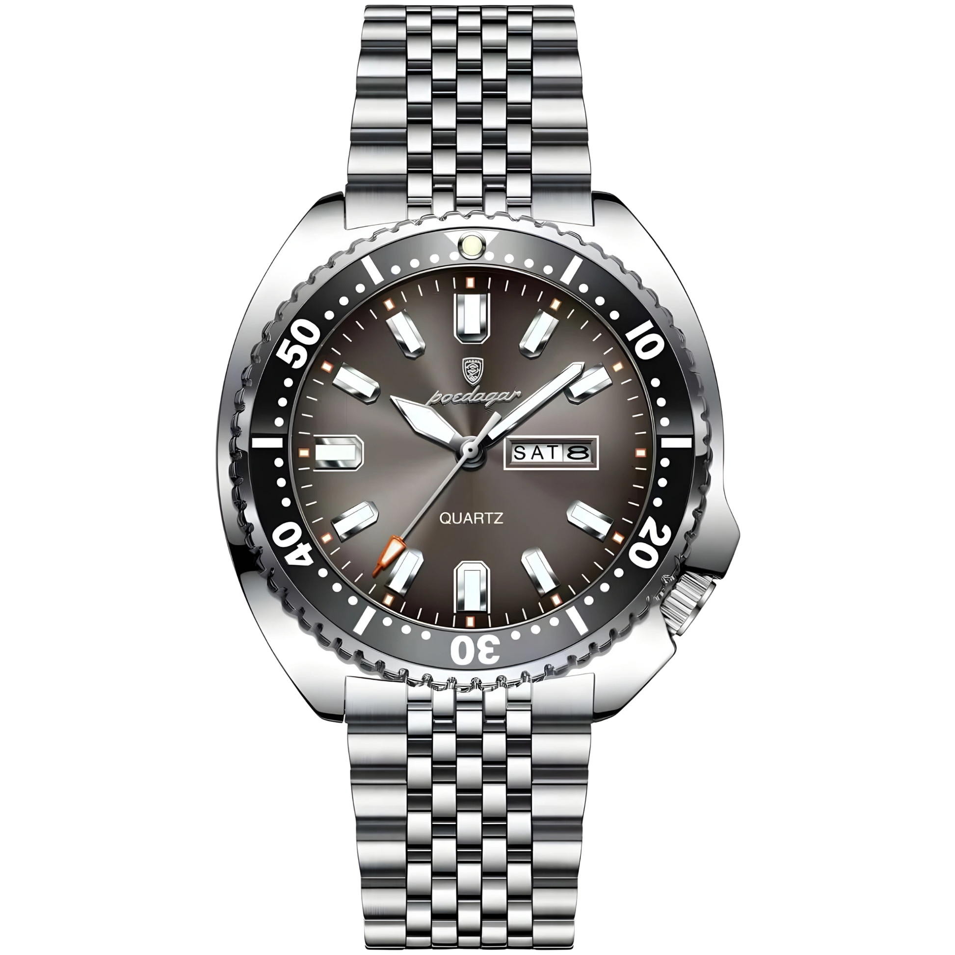 Silver watch with a dark face on a white background