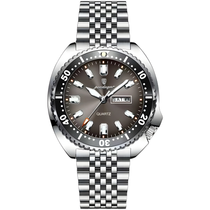 Silver watch with a dark face on a white background