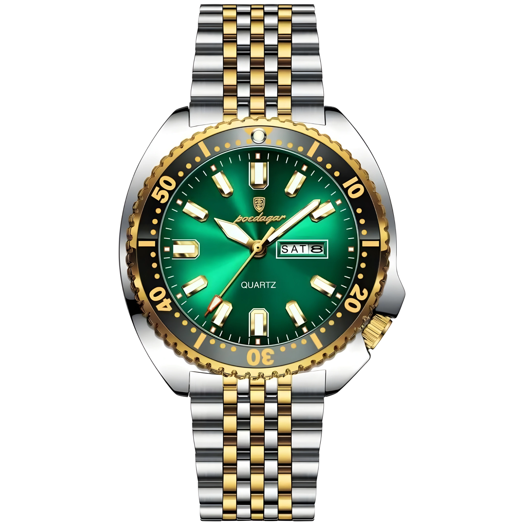 Watch with green dial and two-tone metal bracelet on a white background