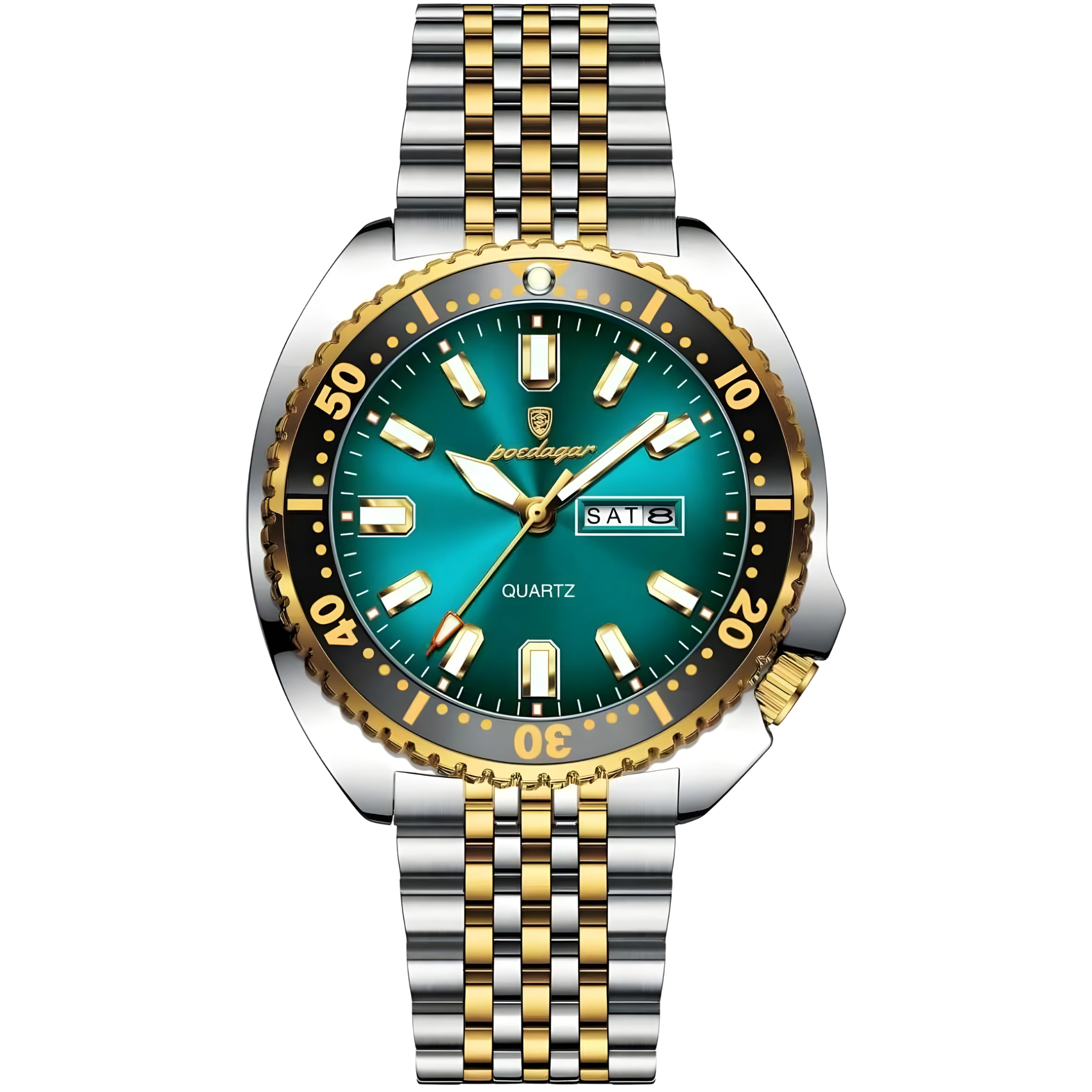 Wristwatch with green dial and two-tone metal strap on a white background