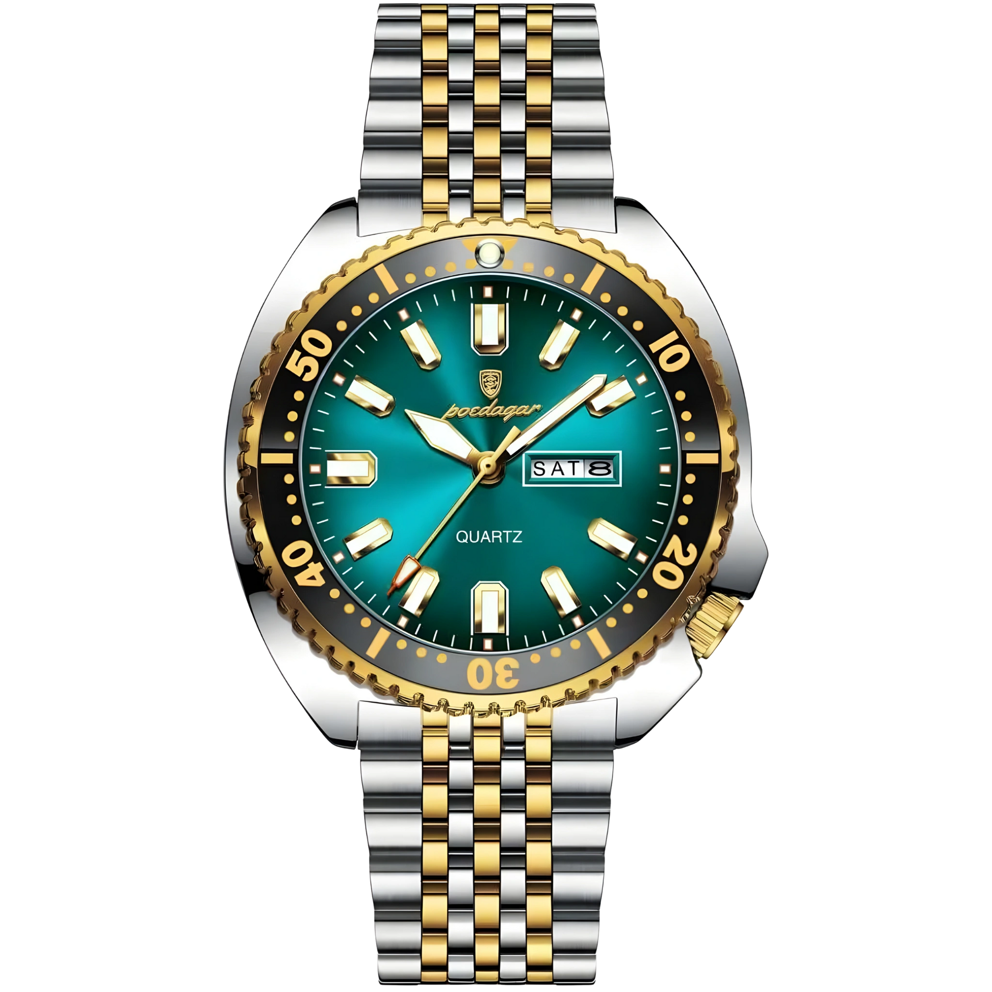 Wristwatch with green dial and two-tone metal strap on a white background