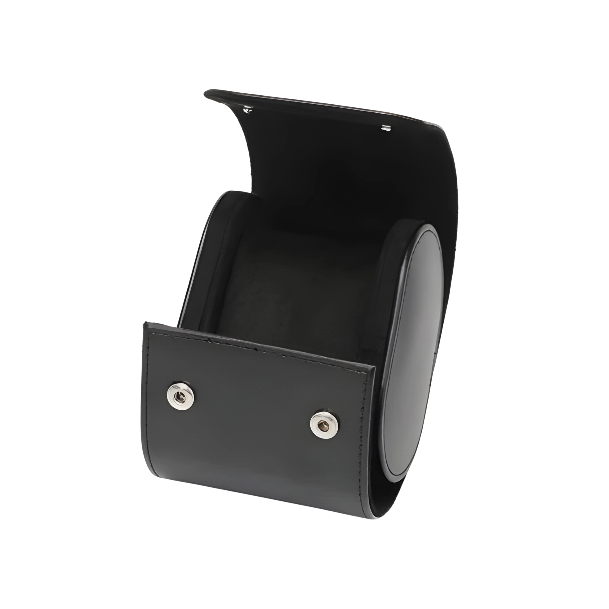 Black leather wallet with silver buttons on a white background