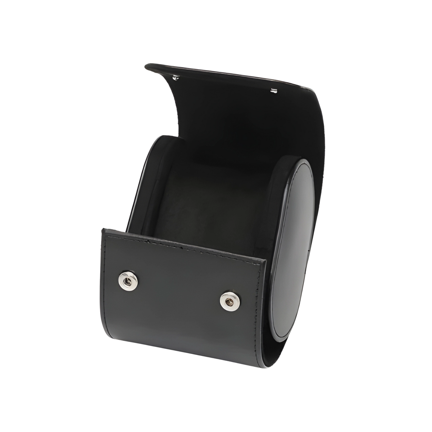 Black leather wallet with silver buttons on a white background