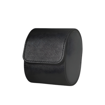 Black leather watch box on a white background