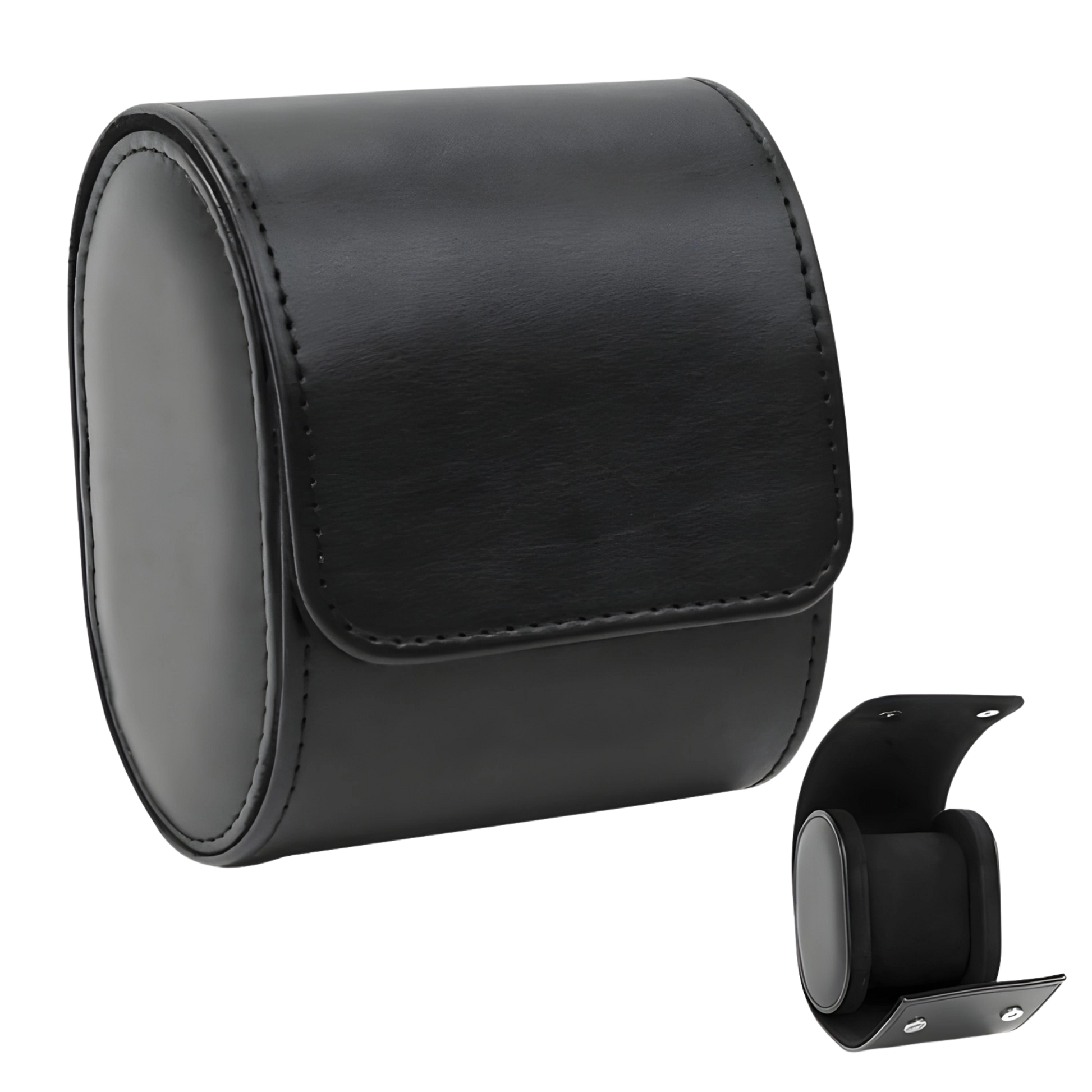 Black leather watch case with a detachable watch band on a white background